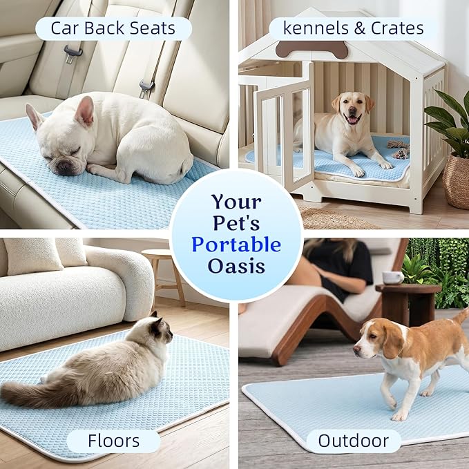 Mora Pets Dog Cooling Mat Instant Self Cooling Pad for Dogs & Cats Breathable Washable Summer Pet Cool Mat Indoor Outdoor, Puppy Cold Blanket for Floor Crate Car Travel Use Small 28'' x 22'' Blue