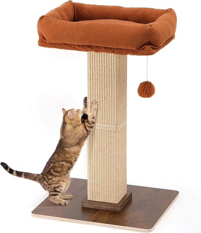 FUKUMARU Cat Scratching Post, Retro-Style Tall Scratch Posts with Perch for Indoor Cats Adults, Large Cat Scratcher Tower with Bed, Natural Sisal & Solid Wood