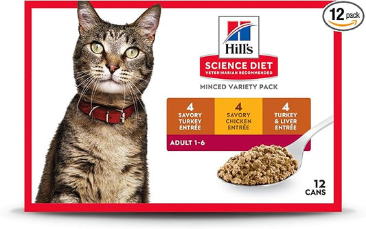 Hill's Science Diet Adult 1-6 Wet Cat Food Variety Pack, Savory Entrée Turkey & Liver, Chicken, and Turkey, 5.5 oz. Cans, 12-Pack