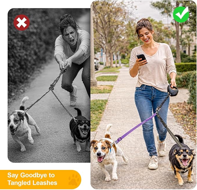 Double Dog Leash for Two Dogs, Professional No Tangle 360° Swivel Coupler with Shock Absorbing Bungee, Adjustable Length Dual-Sided Reflective Two Dogs Lead Splitter for Small Medium Large Dog