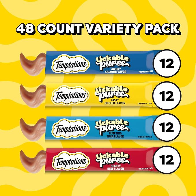 Temptations Creamy Puree Squeezable Lickable Cat Treats, Wet Cat Treats with Beef, Salmon, Chicken, and Tuna Variety Pack, 0.42 oz. Tubes, 48 Count
