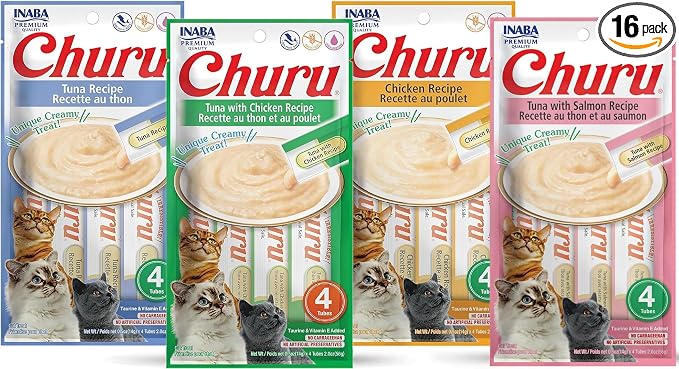 INABA Churu Lickable Purée Natural Cat Treats (Tuna and Chicken Variety Pack, 16 Tubes)