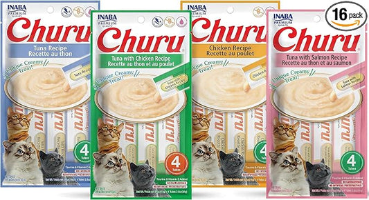 INABA Churu Lickable Purée Natural Cat Treats (Tuna and Chicken Variety Pack, 16 Tubes)