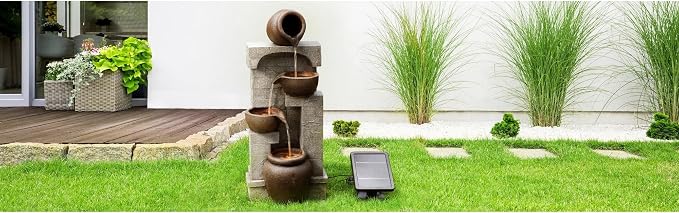 Teamson Home 28 in. Cascading Bowls and Stacked Stones LED Outdoor Water Fountain for Outdoor Living Spaces to Create a Calming Oasis in Gardens and Landscaping, on Patios, Balconies, Lawns, Brown