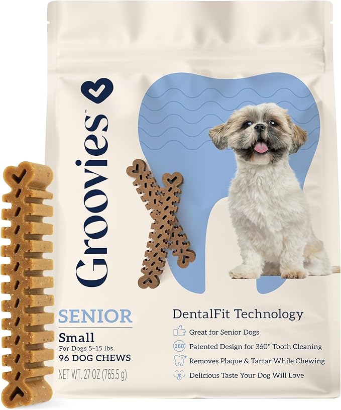 Groovies Senior Small Dog Dental Chews for Dogs, Patented DentalFit Technology for Plaque & Tartar Support, Flexible Texture for Easy Chewing, Chicken Flavor, USA Manufactured, 5–15 lb Dogs,96 Count