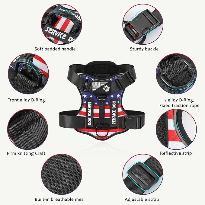 Service Dog Harness, Reflective Dog Vest Harness with 5 PCS Patches, Adjustable Soft Oxford Pet Harness, Inner Layer Mesh, Easy to Control for Small Medium Large Dogs