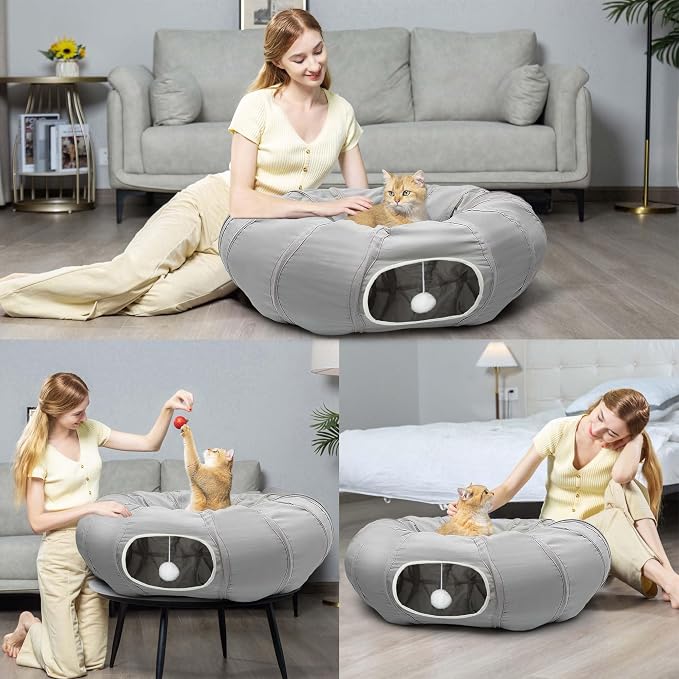 AUOON Cat Tunnel Bed for Indoor Cats - Large Cat Donut Tunnel with Hanging Ball Toy, Collapsible 2-in-1 Multifunctional Interactive Cat Toy for Kitten, Puppy, Rabbit, Ferret (Light Grey)