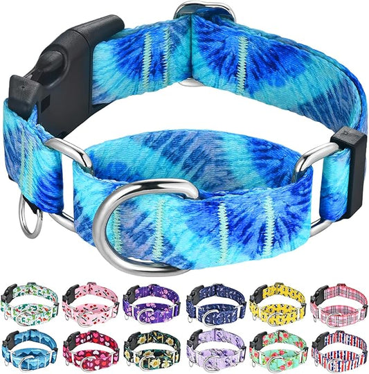 Martingale Collar with Buckle Blue Tie Dye Training Collar Adjustable Nylon Boy Dog Collars (Blue Teal, Large)