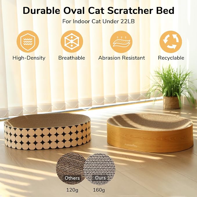 FUKUMARU Cardboard Cat Scratcher Bed, 2-in-1 Oval Cat Scratch Pad, Cats Scratching Board Lounge Bed Indoor, Durable Modern Kitty Scratcher Bowl, Cats Scratch Furniture Protector, Wood Color