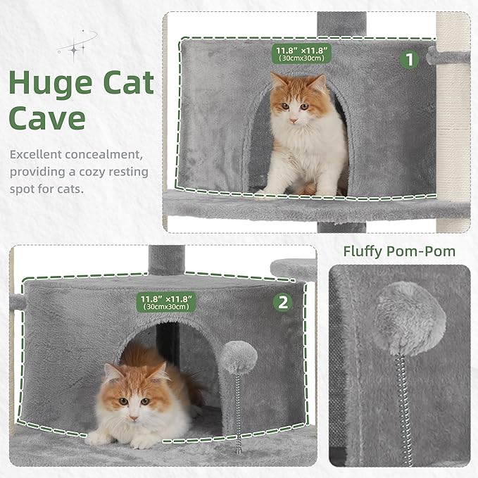Gitelsnour Corner Cat Tree for Indoor Cats, Cat Tower with All Sisal Scratching Posts, Multi-Level Cat Condo wth 2 Large Cat Caves, Big Top Perch, 2 Hanging Baskets, Sisal Ramp, Light Gray GCT035W