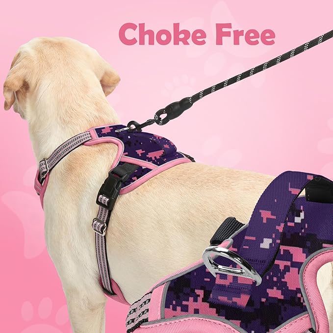 Funfox Dog Harness No Pull, Adjustable Pet Vest Harness, Super Soft Material with Vertical Handle Easy Control, Reflective Night Walking, 2 Leash Clips for XLarge Dogs, Mosaic Pink, XL