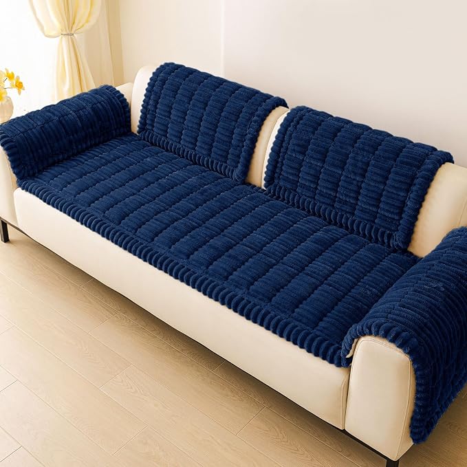 hyha Couch Cover for Dogs Washable, Non Slip Thick Flannel Sofa Protector, Pet Friendly Plush Furniture Cover for Sectional Sofa & Loveseat (Navy, 35.4" x 63")