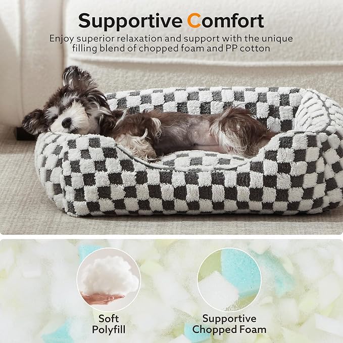 JOEJOY Dog Bed for Medium Small Dogs - Rectangle Orthopedic Dog Sofa Bed, Cute Modern Puppy Bed with Jacquard Shaggy Plush & Anti Slip Bottom, 25x21x8inches, Grey