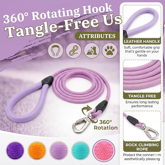 Walking Lead 5ft, Purple Pet Leash for Dogs,Only Leather Mold Handle Design, Ergonomic Soft Touch Grip,Reinforced Heavy Duty Webbing,Stylish Daily Training Lead,Elegant Bright Colors(Lavender,5 FEET)
