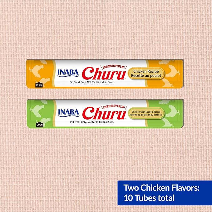 INABA Churu Cat Treats, Lickable, Squeezable Creamy Purée Cat Treat with Green Tea Extract & Taurine, 0.5 Ounces Each Tube, 10 Tubes, Chicken Variety
