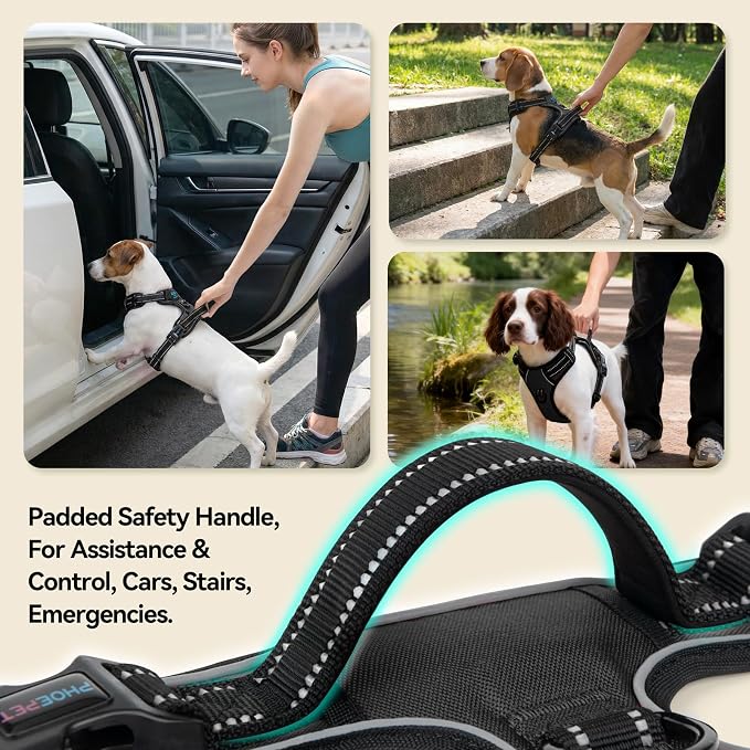 PHOEPET No Pull Dog Harness Medium Reflective Front Clip Puppy Vest with Handle,Adjustable 2 Metal Leash Attachment Hooks(M, Black)
