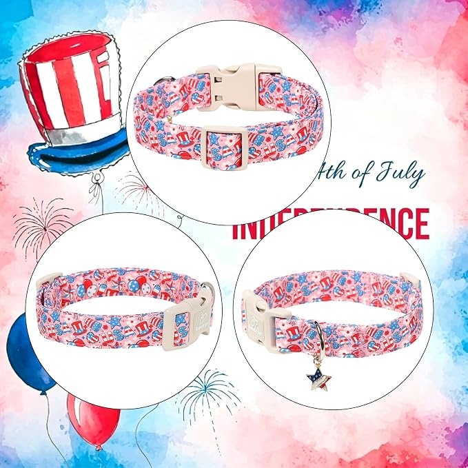 4th of July Dog Collar, Cute Pink Patriotic Dog Collars for Small Dogs - Independence Day Girly Pup Collars, Soft Adjustable Flag Day Female Dog Collar S