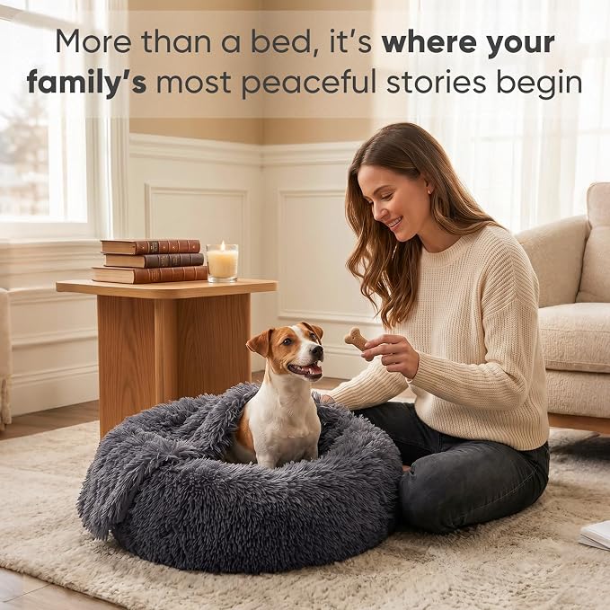 Himax Medium Dog Bed, Round Dogs Beds with Blanket Attached, Comfort Fluffy Calming Dog Bed Washable (20"/26"/35") Deep Grey