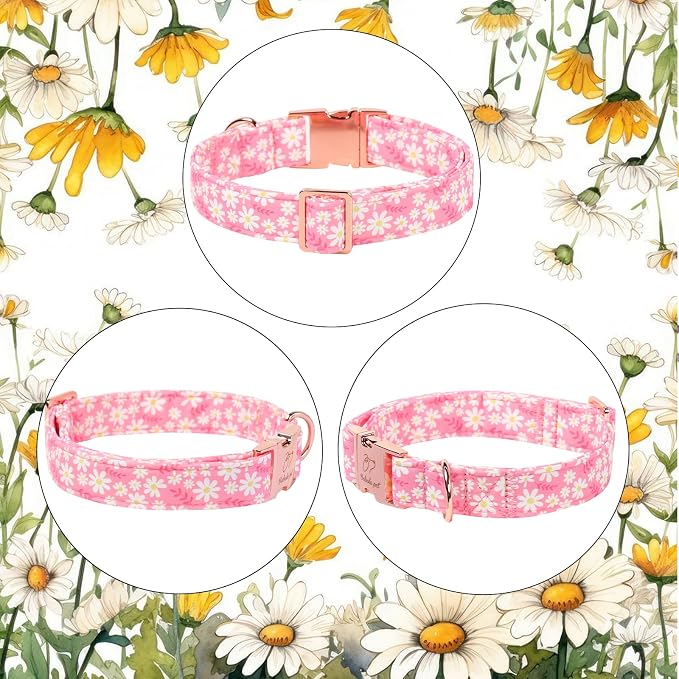 Dainty Daisy Dog Collar, Spring/Summer Pink Floral Girl Dog Collars, Adjustable Heavy Duty Cottagecore Female Dogs Collar for Small Medium Large Dogs with Metal Buckle L