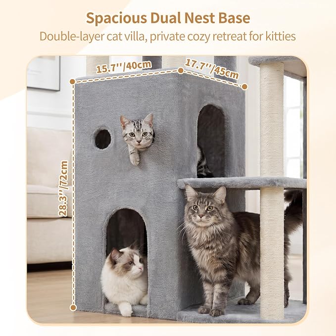 Heybly Cat Tree, 59.4" Secure Anti-Tip Cat Tower for Large Cats, Spacious Cat Furniture with Dual-Tier Cat Condo, 2 Top Perches, Hammock and Sisal Scratching Posts, Light Gray HCT055W