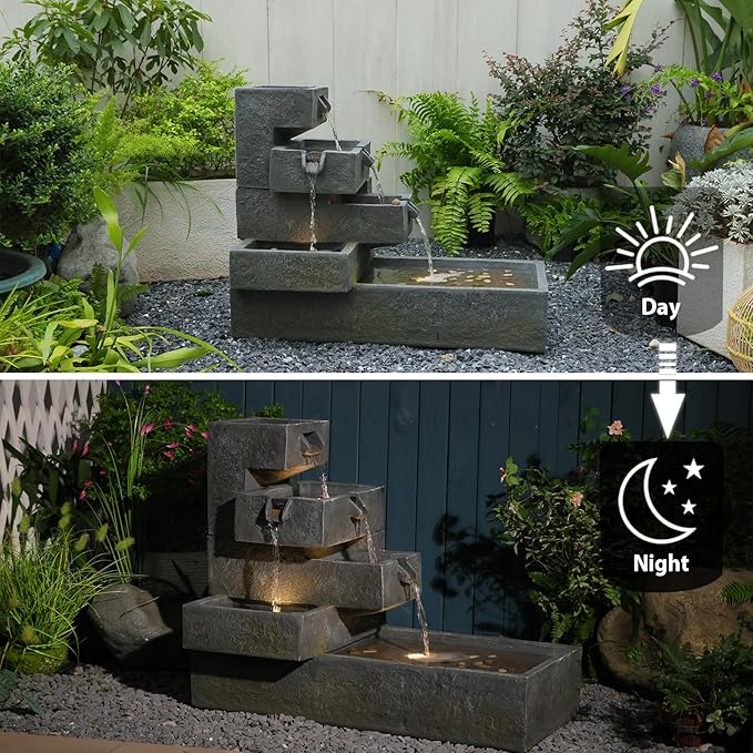 Sunlinua 26" H Outdoor Water Fountain with 4 Tiers Cascading Rock Texture Waterfall Fountains with LED Lights Outdoor Water Fountain for Garden Patio Backyard Porch Home Decor
