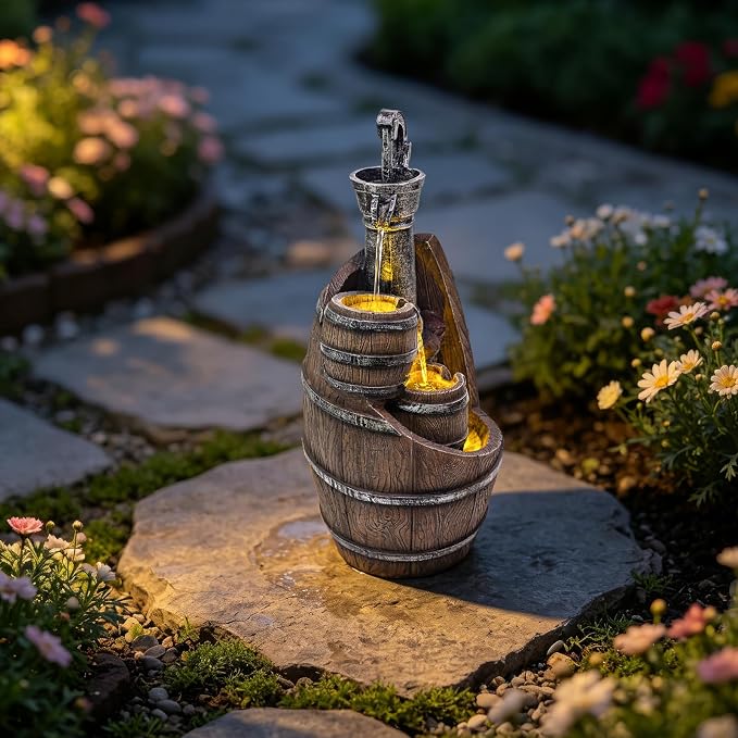 Solarbloom 21.7" H Garden Fountains, Farmhouse Outdoor Water Fountain with LED Lights, Rustic Pump and Barrel, for Patio Garden Backyard Deck Decor