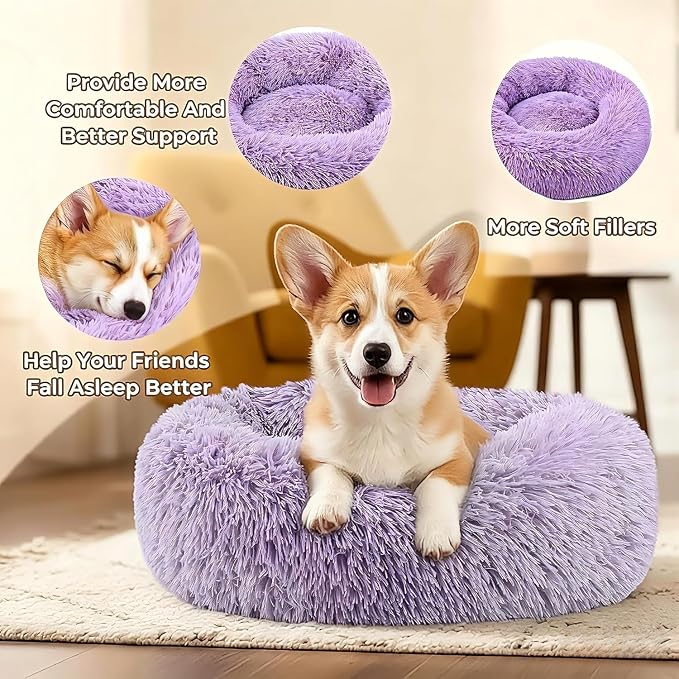 Calming Anti-Anxiety Donuts Dog And Cat Bed, Round Fluffy Soft Washable Small Medium Pet Bed For Puppy And Kitten, Cuddler Warming Comfortable Luxury Anti-Slip Waterproof Mute Base 24in Purple