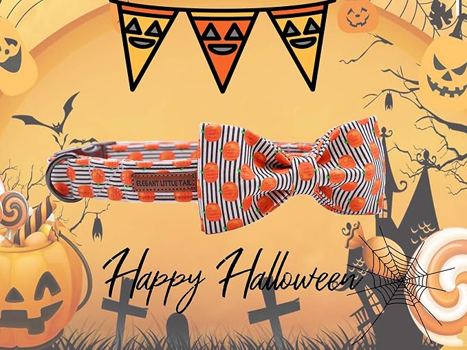 Elegant little tail Halloween Dog Collar, Pumpkin Print Pet Collar Bowtie Dog Collars Holiday Adjustable Pet Gift Collars for Small Medium Large Dogs