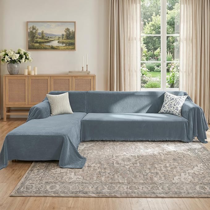 CAPALOCA Sectional Couch Covers, 2 Pieces Chenille Sofa Cover L Shaped Couch Cover Blanket for Dogs Washable Sofa Slipcovers Pet Furniture Protector (XXX-Large: 71" x 118" + 91" x 134", Blue)