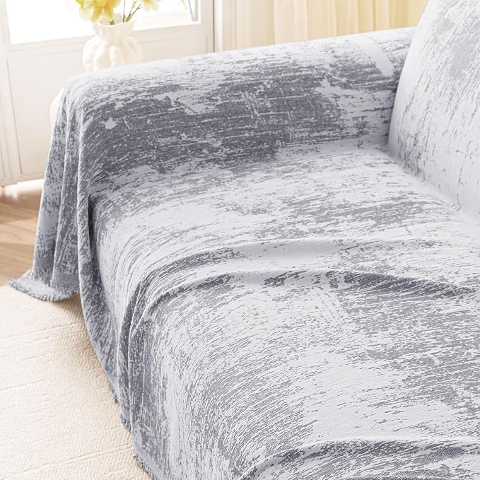 hyha Couch Cover for Dogs, Boho Sofa Covers for 3 Cushion Couch Washable, Chenille Sofa Slipcover for Pets, Soft Loveseat Sectional Couch Throw Blankets with Tassels (Grey/White, 88.5x118 Inch)