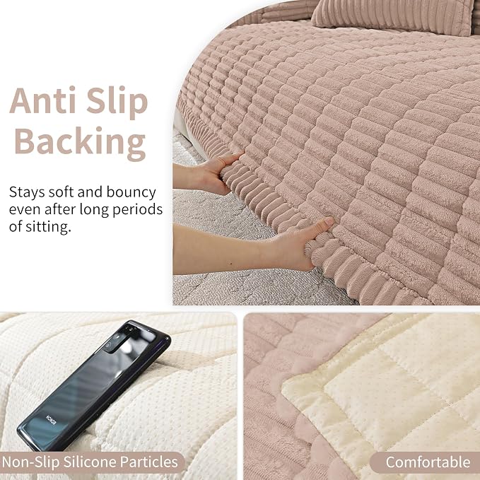 Fuzzy Couch Arm Covers for Dogs Washable, Thick Couch Covers for 3 Cushion Sofa Pet Friendly, Non Slip Plush Dog Couch Cover for for Sectional, Loveseat (Champagne, 17.6" x 17.6")