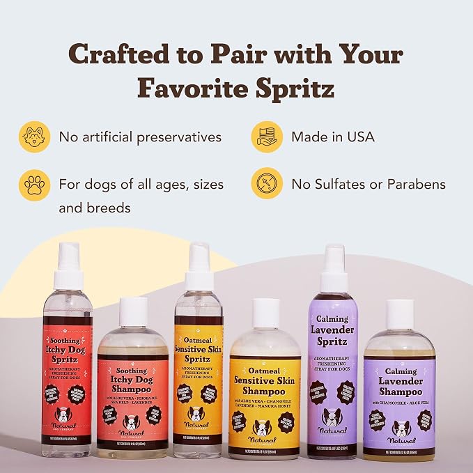 Natural Dog Company Calming Lavender Spritz 8 oz – Hypoallergenic Dog Deodorizing Spray with Aloe & Oatmeal – Refreshes Coat, Soothes Sensitive Skin – Natural Lavender Scent, No Artificial Fragrance