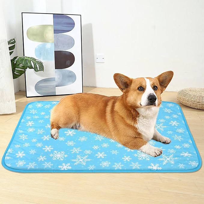 DELIFUR Dog Cooling Mat - Pet Cooling Mat Outdoor for Dogs Self Cooling Pad for Puppy Small Medium Dog Machine Washable (Large, Blue Snowflake)