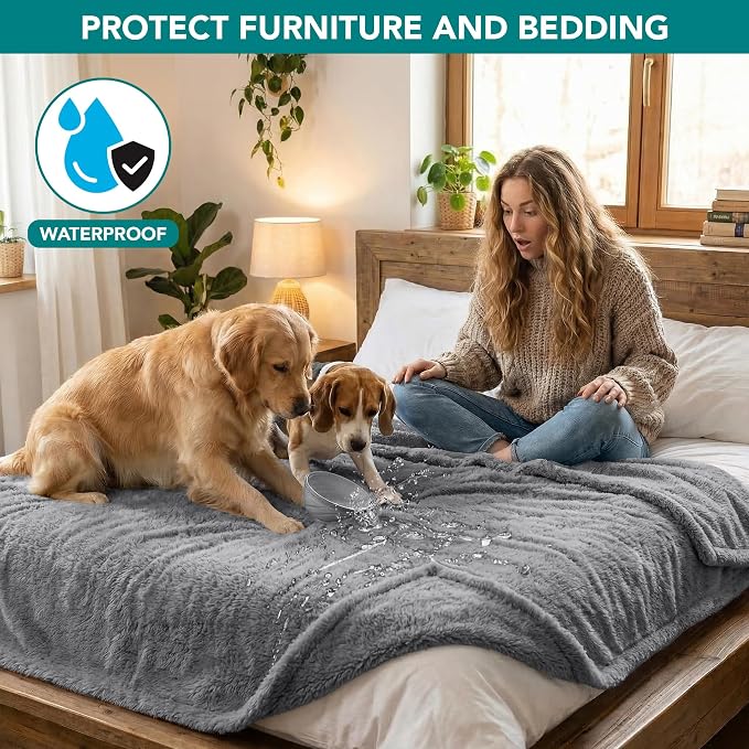 PetAmi Fluffy Waterproof Dog Blanket for Couch and Bed, Reversible Sherpa Pet Throw, Pee Proof Furniture Protector Sofa Cover, Washable Cat Blanket for Medium Large Dogs and Cats (Light Grey, 40x60)