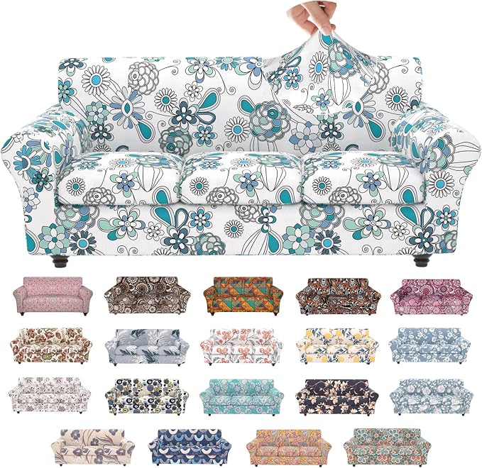 Stretch Couch Covers for 3 Separate Cushion Couch Sofa,Floral Printed Couch Sofa Cover,Washable Sofa Slipcover,Pet Friendly Furniture Protector with Elastic Bottom,Universal Fit for Home(Sofa,Cover)