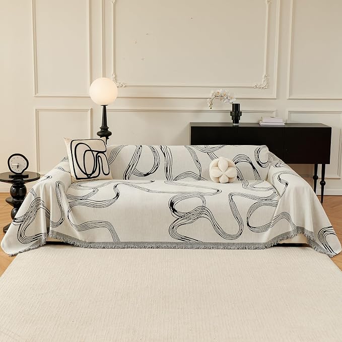 MEETSKY Boho Couch Cover Sofa Covers, Chenille Black Line Couch Covers for 2 Cushion Couch Sofa for Dogs, Washable Slipcover for Cat Sofa Protector with Tassels,71" x 118"