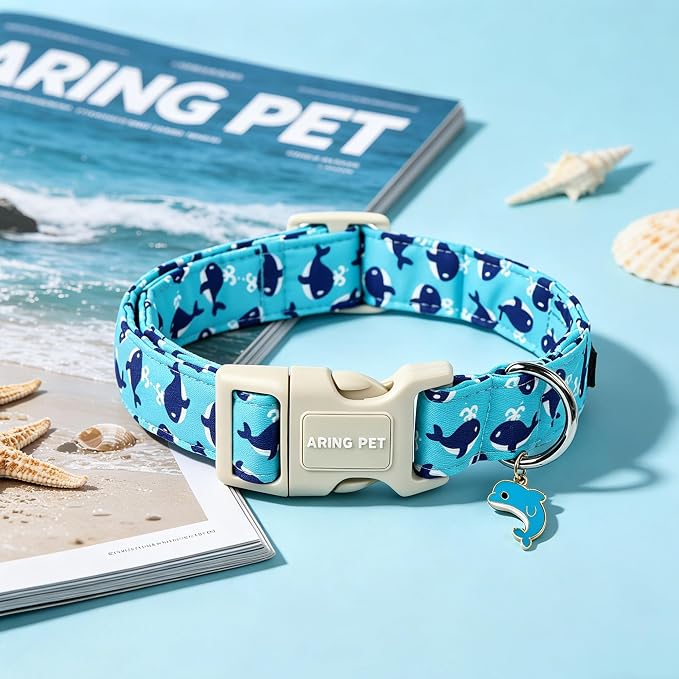 ARING PET Summer Dog Collar-Cute Blue Dog Collar for Small Dogs, Adjustable Cotton Whales Pet Collars Puppy Collar for Small Medium Large Dogs