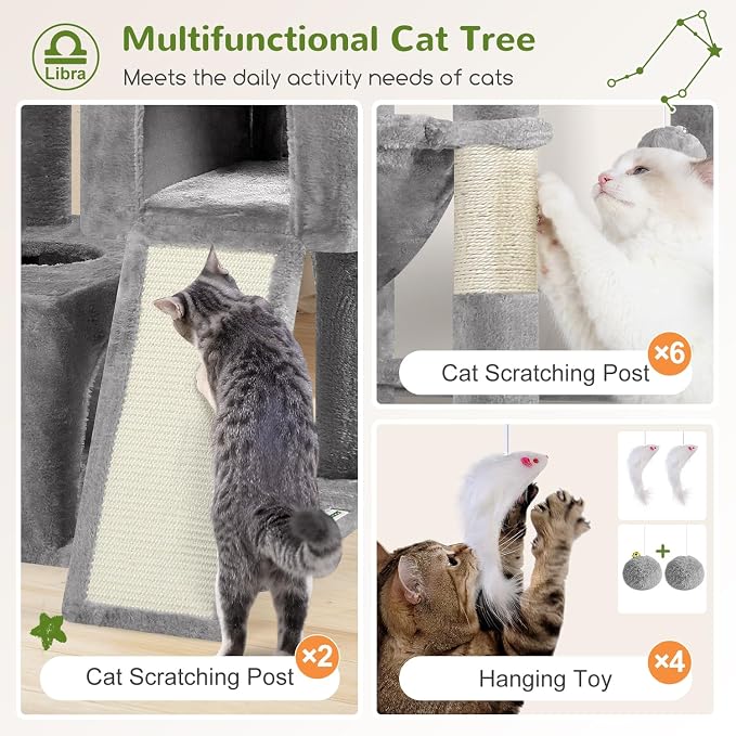 Globlazer Heavy Duty Cat Tree 78 inch Sturdy Cat Tower for 20lbs Large Adult Cats, Symmetrical Aesthetic Big Cat Tree with Extra Large Platform, 2 Scratching Boards, Z78, Light Grey