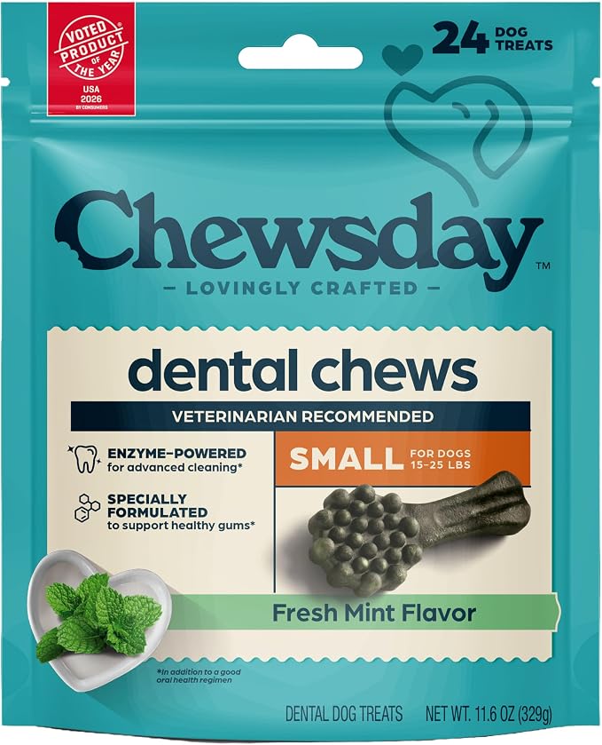 Chewsday Fresh Mint Flavor Dental Chews, Small Dog Treats, Healthier Teeth and Fresher Breath, Enzyme Powered for Advanced Cleaning, Made in the USA, 24 Count