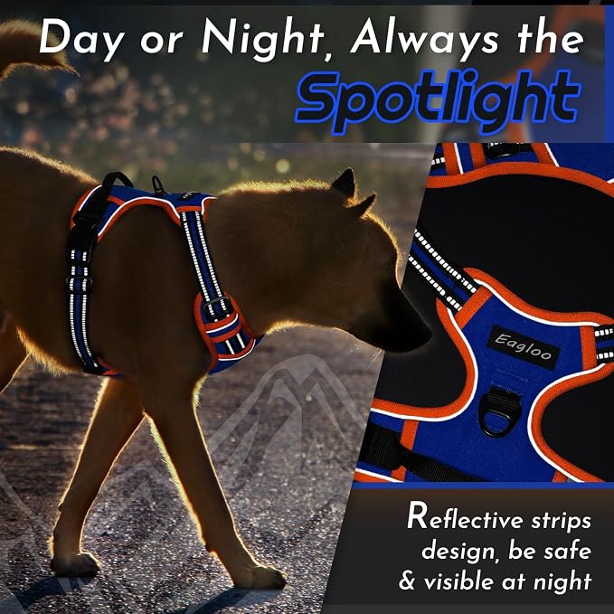 Eagloo Dog Harness for Large Dogs, No Pull Service Vest with Reflective Strips and Control Handle, Adjustable and Comfortable for Walking, No Choke Pet Harness with 2 Metal Rings, Blue & Orange, XL