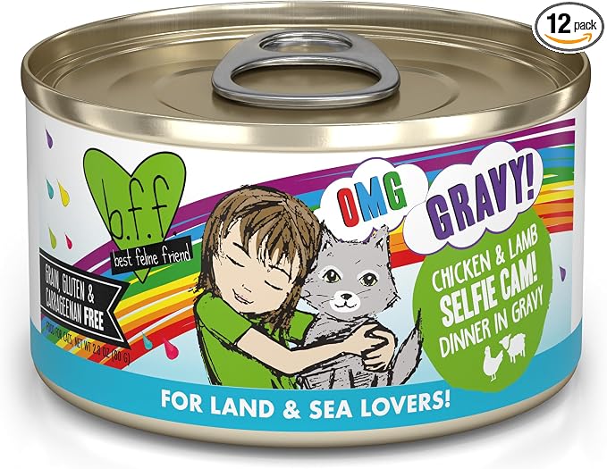 Weruva B.F.F. OMG - Best Feline Friend Oh My Gravy!, Selfie Cam! with Chicken & Lamb in Gravy Cat Food, 2.8oz Can (Pack of 12)