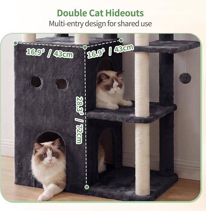 Heybly Cat Tree, 69.7 inches Secure Anti-Tip Cat Tower for Large Cats, Expansive Cat Furniture with Dual-Tier Cat Condo Villa, 2 Top Perches, Hammock & Full Sisal Scratching Posts, Smoky Gray HCT065G
