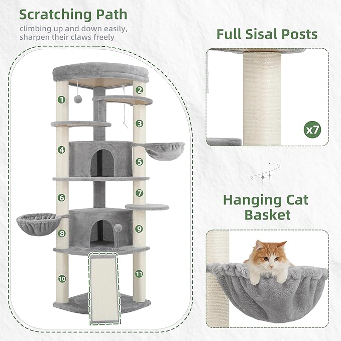 Gitelsnour Corner Cat Tree for Indoor Cats, Cat Tower with All Sisal Scratching Posts, Multi-Level Cat Condo wth 2 Large Cat Caves, Big Top Perch, 2 Hanging Baskets, Sisal Ramp, Light Gray GCT035W