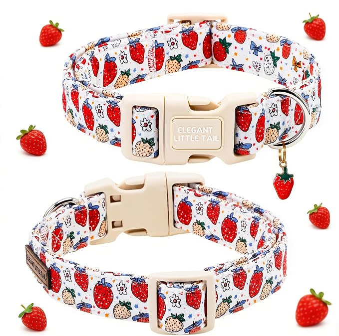 Elegant Little Tail Summer Dog Collar, Cute Pink Strawberry Pattern Soft Cotton Pet Collars with Sturdy Quick Release Buckle Female or Male Adjustable Pet Collar for X-Small Puppy