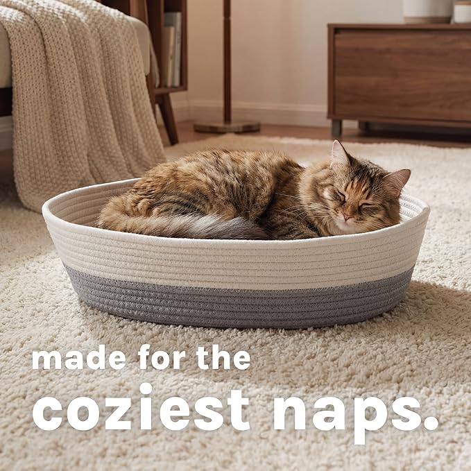Kitty City Woven Cat Bed with Removable Washable Cushion, Cozy Braided Rope Indoor Cat Bed with Natural Catnip, Warm Round Cat Bed for Small to Medium Cats, 14” x 19" - White/Grey