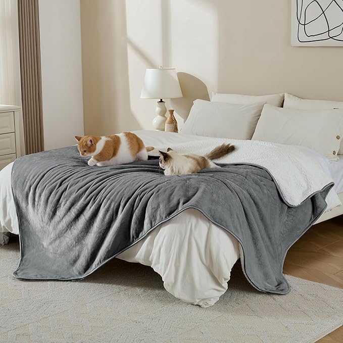 Waterproof Blanket for Bed Couch Sofa, Soft Liquid Pee Proof Pet Blanket for Dog Puppy Cat, Reversible Sherpa Fleece Furniture Protector (Grey, 60x80 inches)