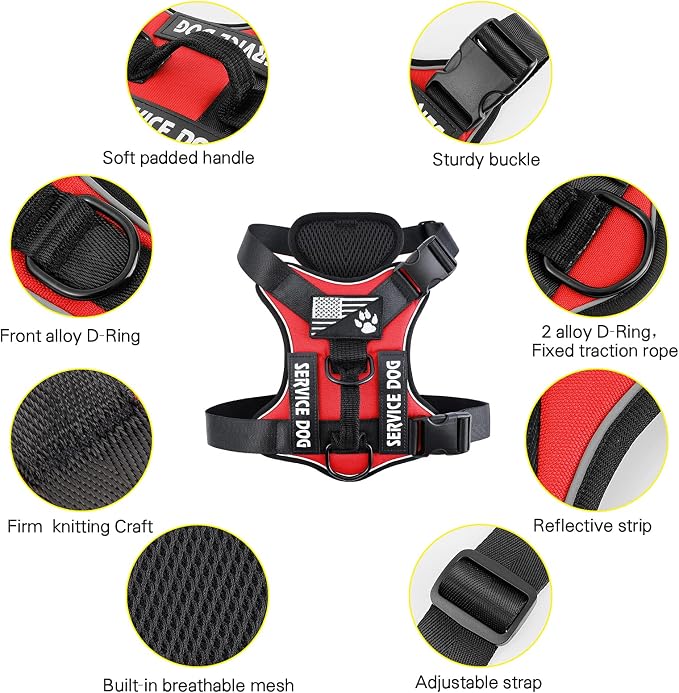 Service Dog Harness, Reflective Dog Vest Harness with 5 PCS Patches, Adjustable Soft Oxford Pet Harness, Inner Layer Mesh, Easy to Control for Dogs