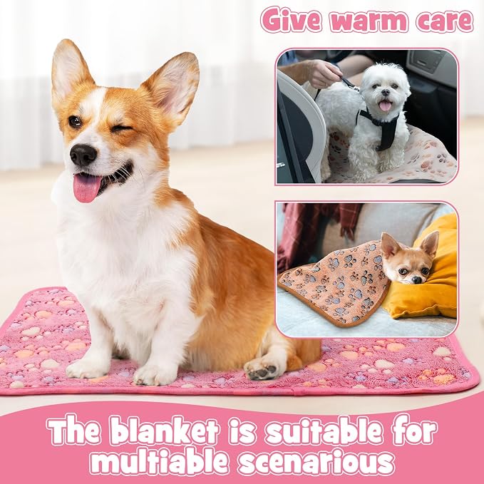 Tegeme 12 Pcs Pet Blankets 23 x 16 Inch Soft Fluffy Fleece Dog Cat Warm Paw Print Pattern Blankets Flannel Throw for Pets Dog Puppy Cat(Pink,Beige,Camel)