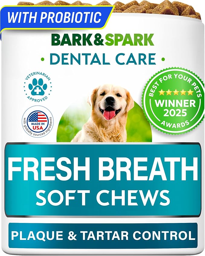 BARK&SPARK Dog Teeth Breath Freshener Chews, Dental Cleaning Treats for Bright Smile - Plaque, Tartar and Bad Breath Advanced Remover for Dogs, Pet Oral Care Bright Co Lab Pro Formula - 90 Servings