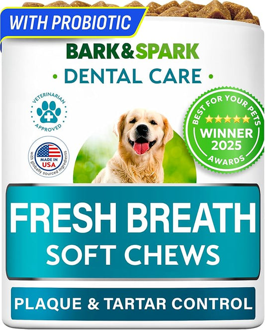BARK&SPARK Dog Teeth Breath Freshener Chews, Dental Cleaning Treats for Bright Smile - Plaque, Tartar and Bad Breath Advanced Remover for Dogs, Pet Oral Care Bright Co Lab Pro Formula - 90 Servings